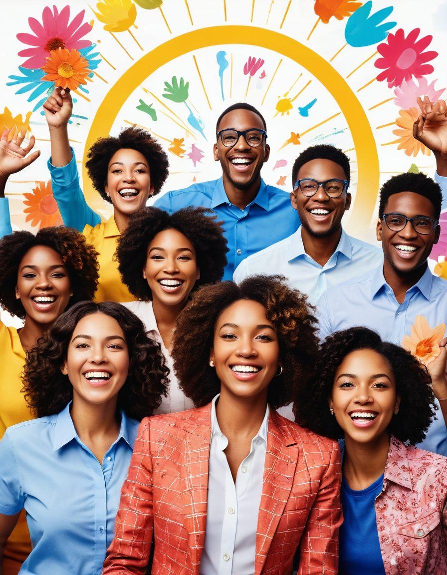 A vibrant depiction of a diverse group of entrepreneurs celebrating success, surrounded by symbols of growth like blooming flowers and rising graphs, with rays of sunlight illuminating their faces. Include elements that represent positivity like smiling emojis and motivational quotes in the background. Bright and uplifting color palette to evoke a sense of joy and achievement. super-realistic. vibrant colors. white background.