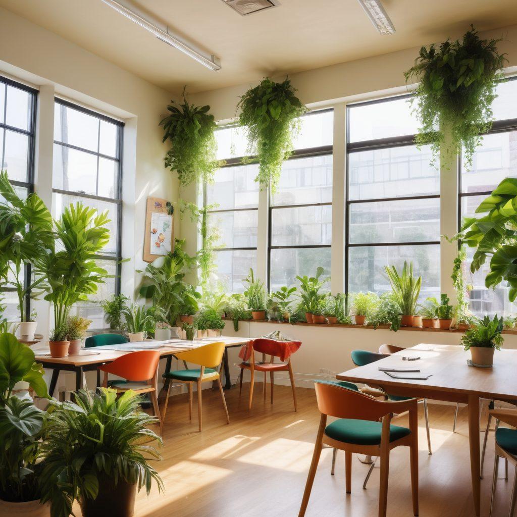 A bright and inviting office space filled with lush green plants, colorful artwork on the walls, and happy employees collaborating around a large table. Sun rays streaming through large windows, creating a warm atmosphere. Visuals of productivity tools and inspirational quotes on whiteboards reflecting a joyful business culture. super-realistic. vibrant colors. natural light.