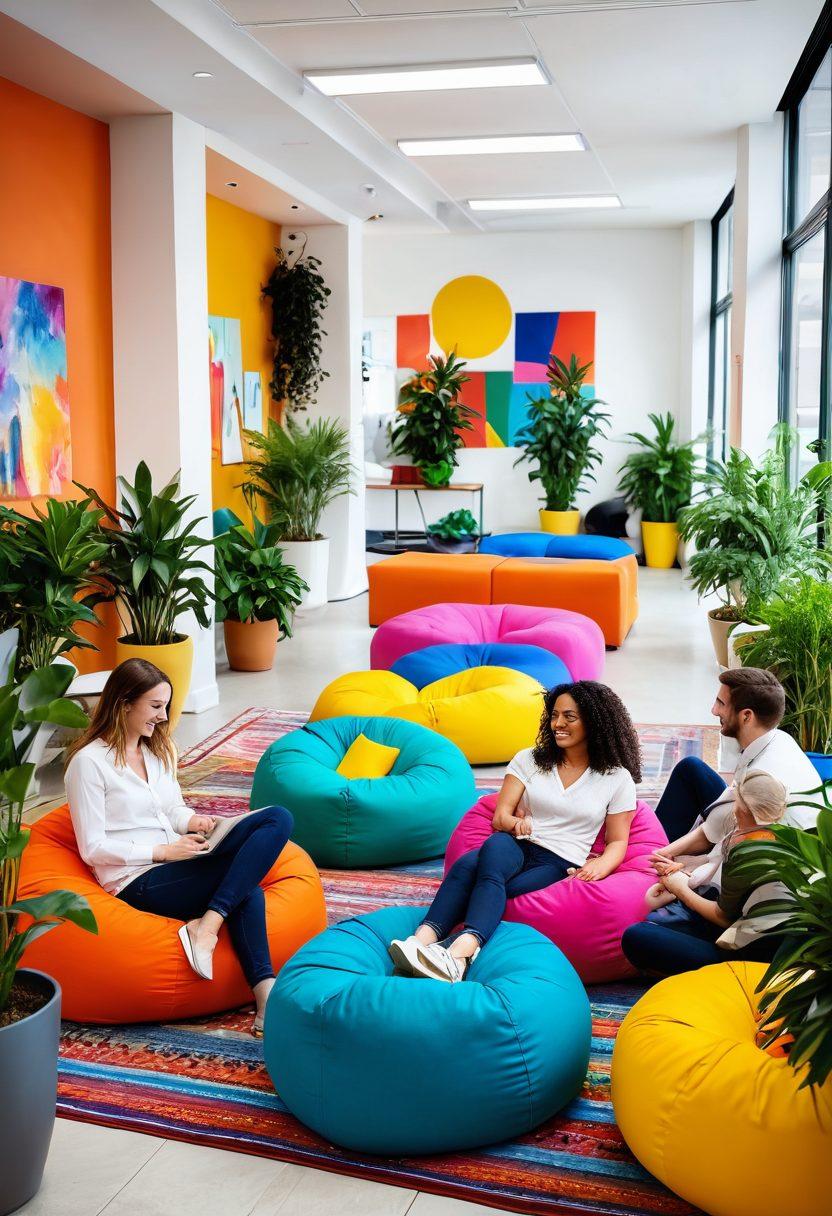 A vibrant office environment bustling with happy employees engaged in collaborative activities, surrounded by plants and colorful artwork. Incorporate elements like flexible workspaces, relaxation zones with bean bags, and team-building exercises happening in the background. Emphasize a sense of joy and community, showcasing diverse individuals smiling and supporting each other. super-realistic. vibrant colors. white background.